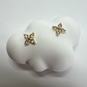 925Sterling Silver,14kGold Plated Studs ,Flower Shape ,CZ pink accents HBD Gift